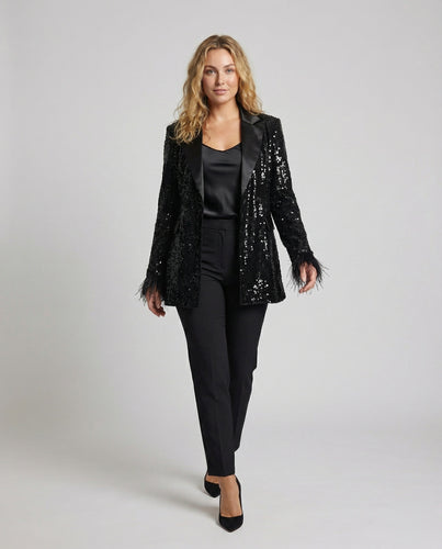 Damen Pailletten-Smokingblazer mit Federbesatz