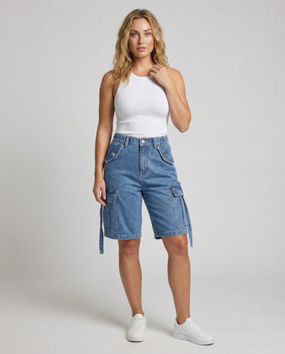 Damen Denim-Bermuda mit Cargotaschen
