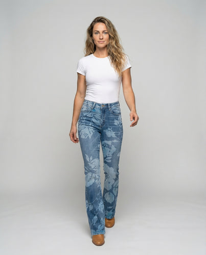 Damen Schlagjeans mit floralem Bleicheffekt