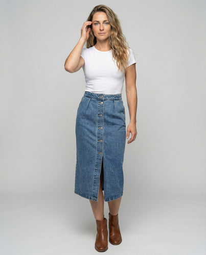 Damen Jeansmidirock mit durchgehender Knopfleiste