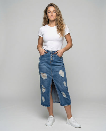 Damen Jeans-Midirock mit Frontschlitz und Rissen