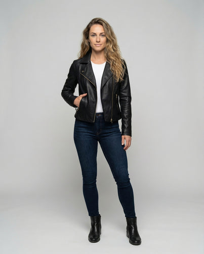 Damen Taffe Reißverschlussärmel Kunstleder-Bikerjacke
