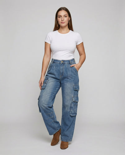 Damen Robuste Hohe-Taille Cargo-Jeans