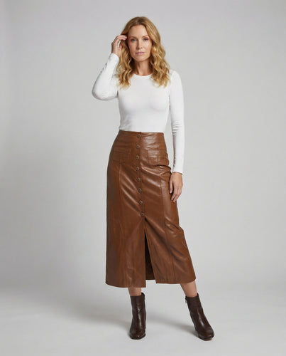 Damen Midirock aus veganem Leder mit Knopfleiste
