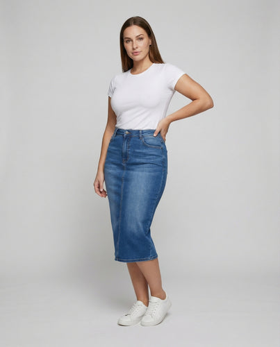 Damen Jeans-Bleistiftrock mit mittiger Ziernaht