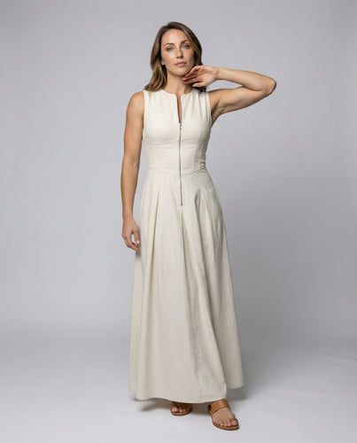 Damen Cleane Stehkragen A-Linien-Maxikleid