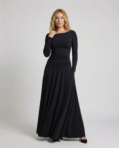 Damen Elastische Geraffte-Taille Langes-Kleid