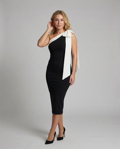 Damen Skulpturale Schulterbinde Midikleid