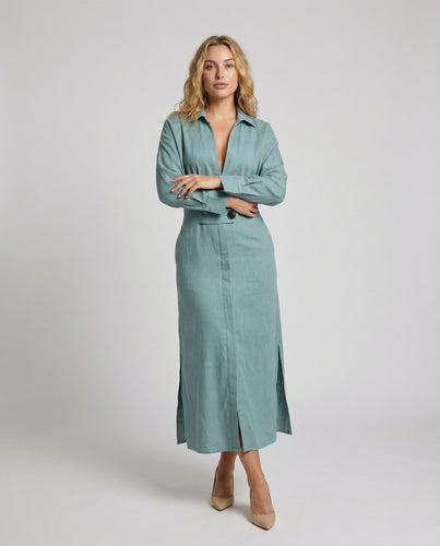 Damen Klassische Hüftriegel Lang-Hemdkleid