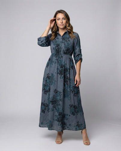 Damen Florale Smok-Taillenbund Maxikleid