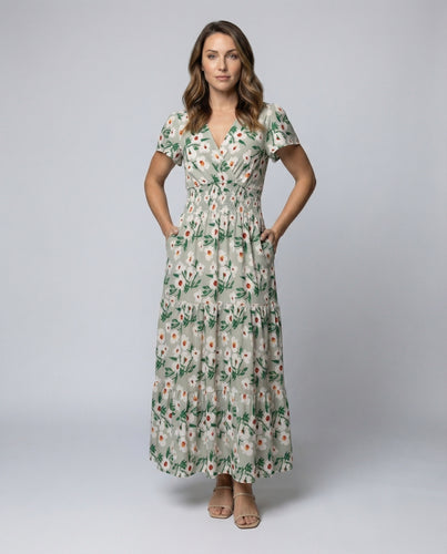 Damen Florale Smockbund Maxikleid
