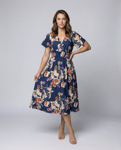 Damen Florale Taillenpasse Midikleid