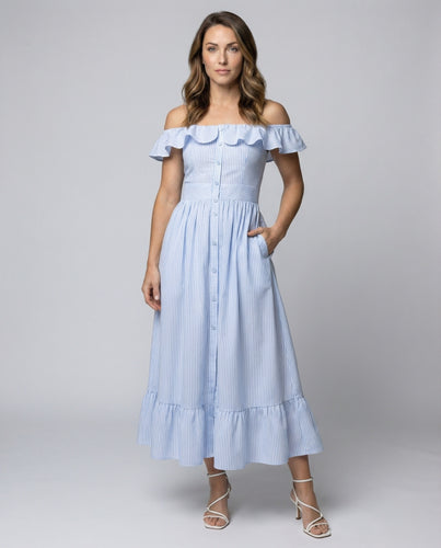 Damen Gestreifte Carmenausschnitt Korsagenmidikleid