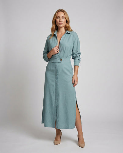 Damen Formende Taillengürtel Hemdblusen-Maxikleid