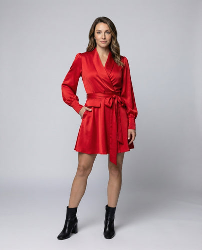 Damen Kurze Schalkragen Satin-Wickelkleid