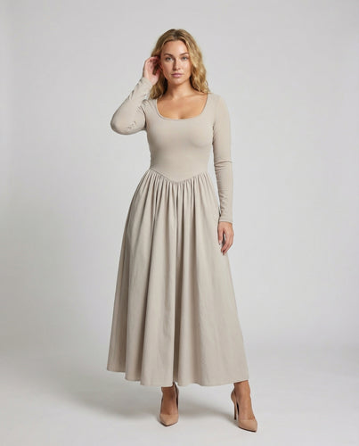 Damen Langärmelige Rippoberteil Maxikleid