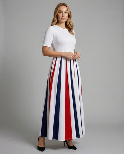 Damen Lange Taillierte-Passe Streifen-Maxikleid