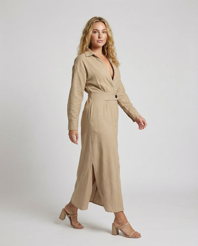 Damen Zeitlose Taillenriegel Leinenoptik Hemdblusenkleid