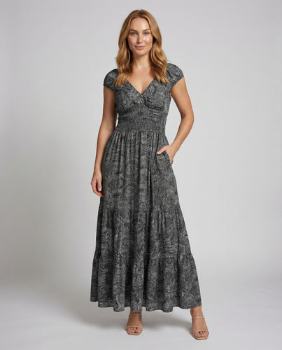 Damen Paisley Unterbrustpasse Paisley-Lagenmaxikleid