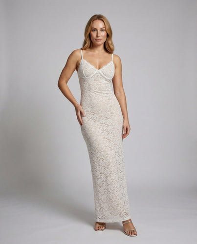 Damen Doppellagige Spitzen-Optik Spitzen-Maxikleid