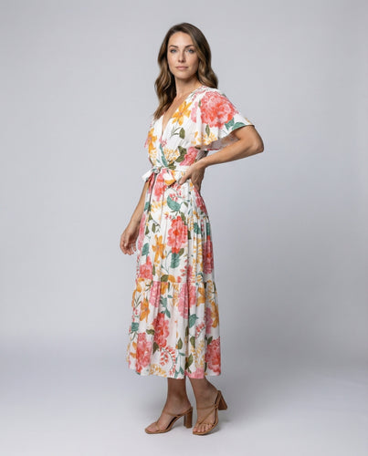 Damen Florale Schmetterlingsärmel Stufen-Wickelkleid