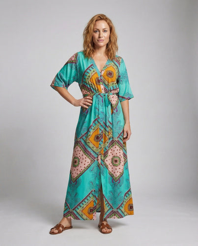 Damen Ornamentale Patchworkmuster Urlaubskaftan-Maxikleid
