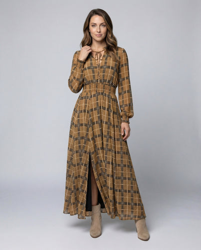 Damen Traditionelle Smok-Taillenbund Maxikleid