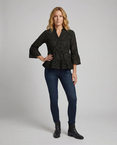 Damen Spitzenbluse Broderie Anglaise Schößchen