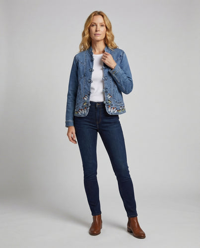 Damen Jeansjacke Stickerei Stehkragen