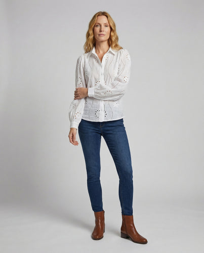 Damen Spitzenbluse Hemdkragen Ballonärmel