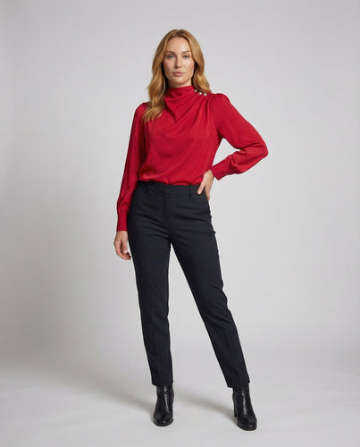 Damen Bluse Seidenoptik Stehkragen Drapiert