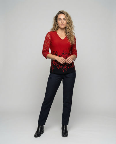 Damen Bluse Spitze V-Ausschnitt Floral