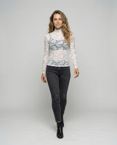Damen Spitzenbluse Transparent Stehkragen