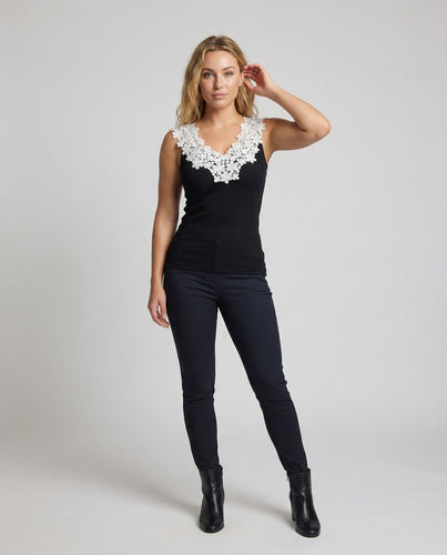 Damen Ripp Top Spitze Ausschnitt