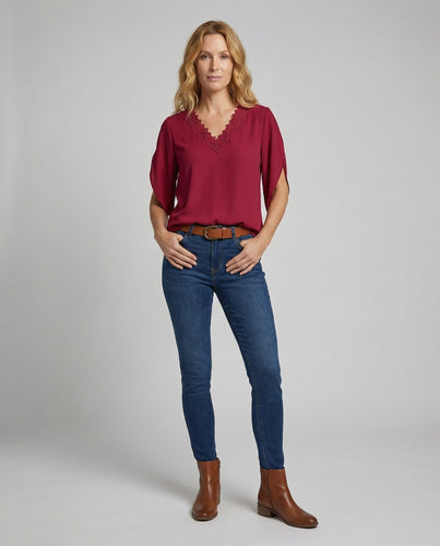 Damen Chiffonbluse V-Ausschnitt Spitze