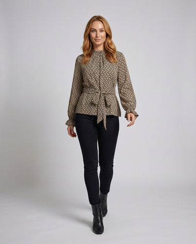 Damen Bluse Muster Stehkragen Gürtel