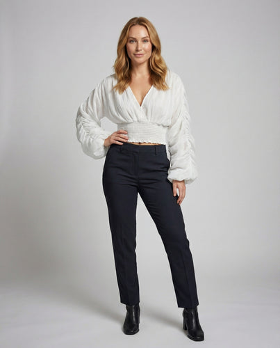 Damen Cropped Bluse Raffung V-Ausschnitt