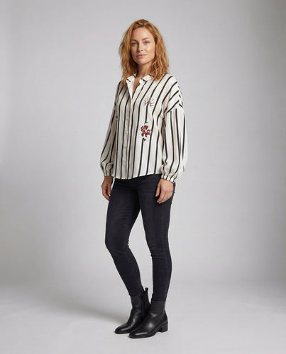 Damen Hemdbluse Gestreift Stickerei