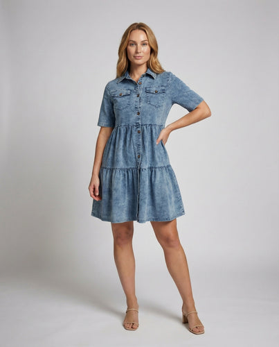 Damen Hemdkleid Denim Kurzarm