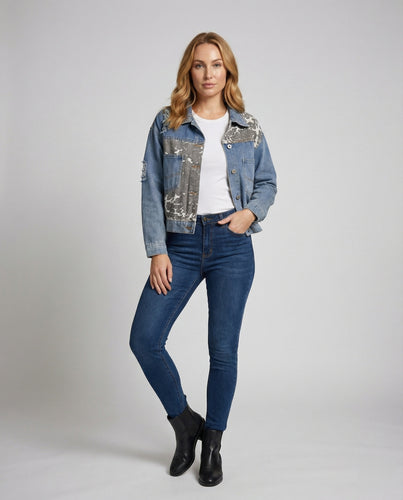 Damen Jeansjacke Patchwork Camouflage