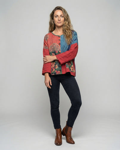 Damen Leinenbluse Patchwork Florale Einsätze