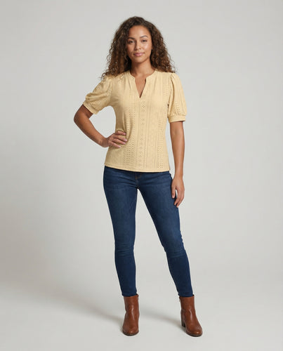 Damen Bluse Ajourstickerei V-Ausschnitt