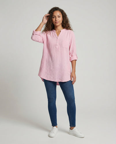 Damen Bluse Baumwoll-Gaze Rundhals