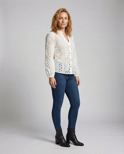 Damen Lochstickerei-Bluse V-Ausschnitt