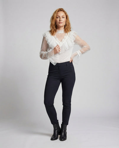 Damen Spitzenbluse Romantisch Stehkragen V-Rüsche