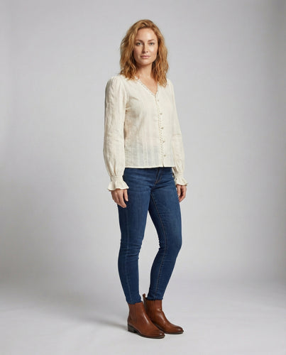 Damen V-Ausschnitt-Bluse Romantisch Spitze Puffärmel