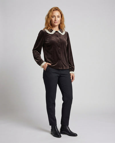 Damen Samtbluse Spitze Peter-Pan-Kragen