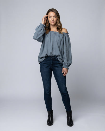 Damen Oversize-Bluse Schulterfrei Gummikragen