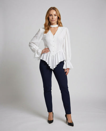 Damen Bluse Tailliert Stehkragen Puffärmel