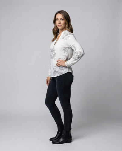 Damen V-Ausschnitt-Bluse Tailliert Handschrift-Print